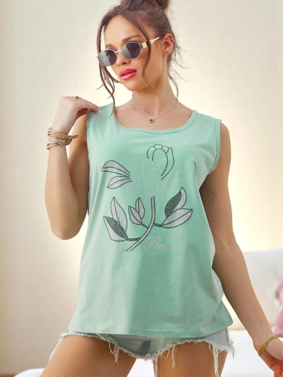 Royalfashion Sieviešu kokvilnas bez piedurknēm ar pērlītēm ZIEDI