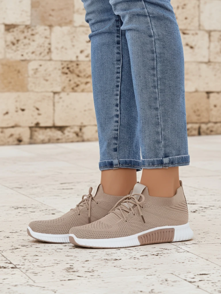 Aristea women's sneakers light brown flat heel fabric 3 cm