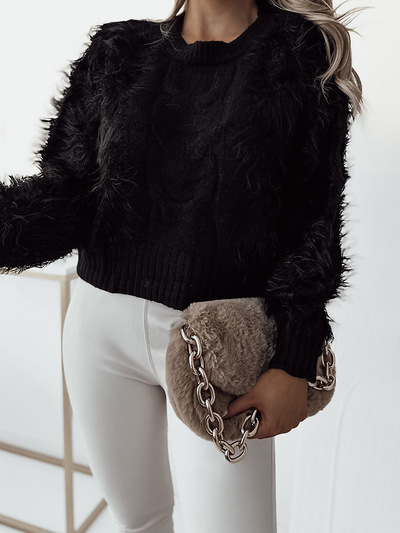 Royalfashion Черный женский короткий плетеный свитер