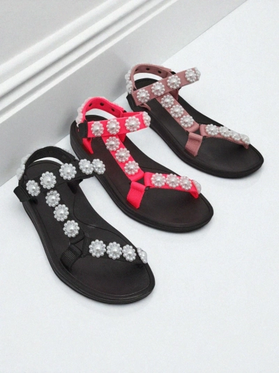 Royalfashion Perseida women's black platform sandals with pearls