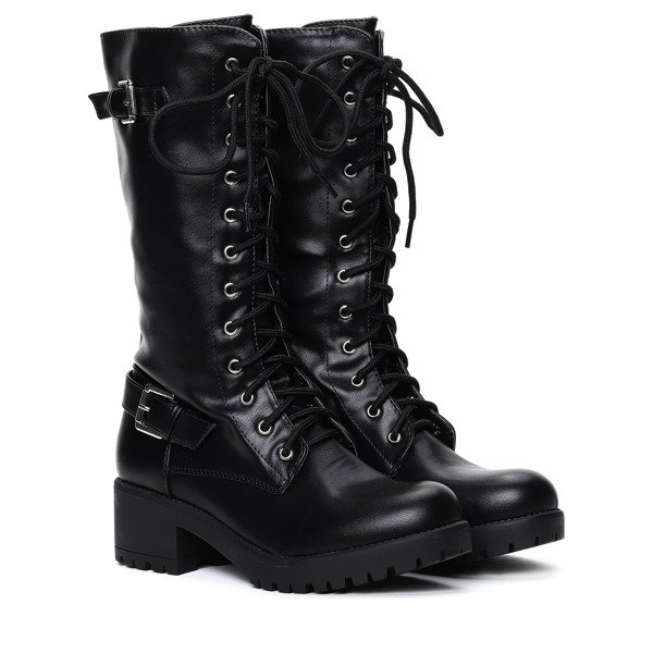 Czarne kozaki stylizowane glanami - Obuwie