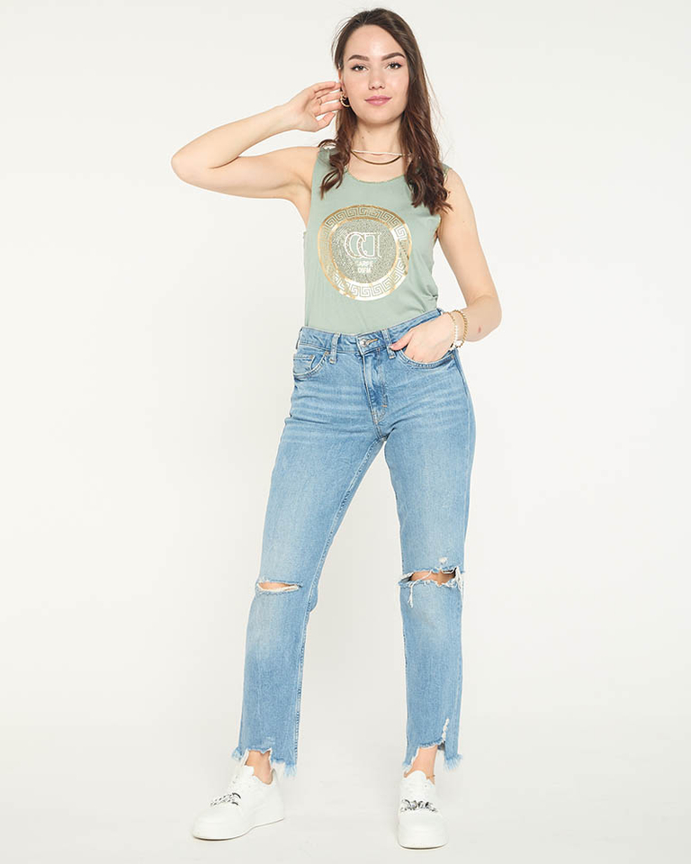 Dark green shoulder blouse with print and cubic zirconia - Clothing