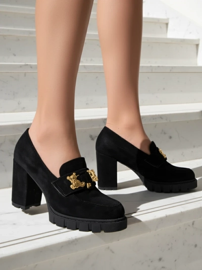 Потрясающие черные туфли на устойчивом каблуке из замши, элегантные и модные