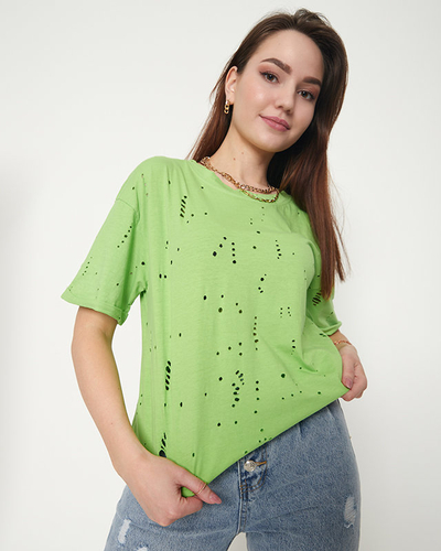 Green cotton women's t-shirt with decorative holes - Clothing