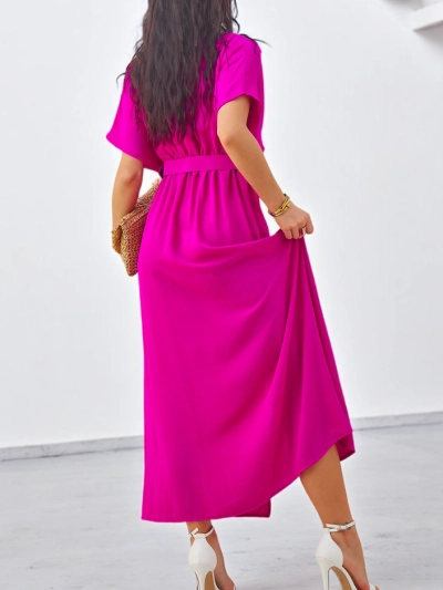 Royalfashion Sieviešu midi kleita ar īsām piedurknēm, V-veida kakla izgriezumu un centrālo šķēlumu