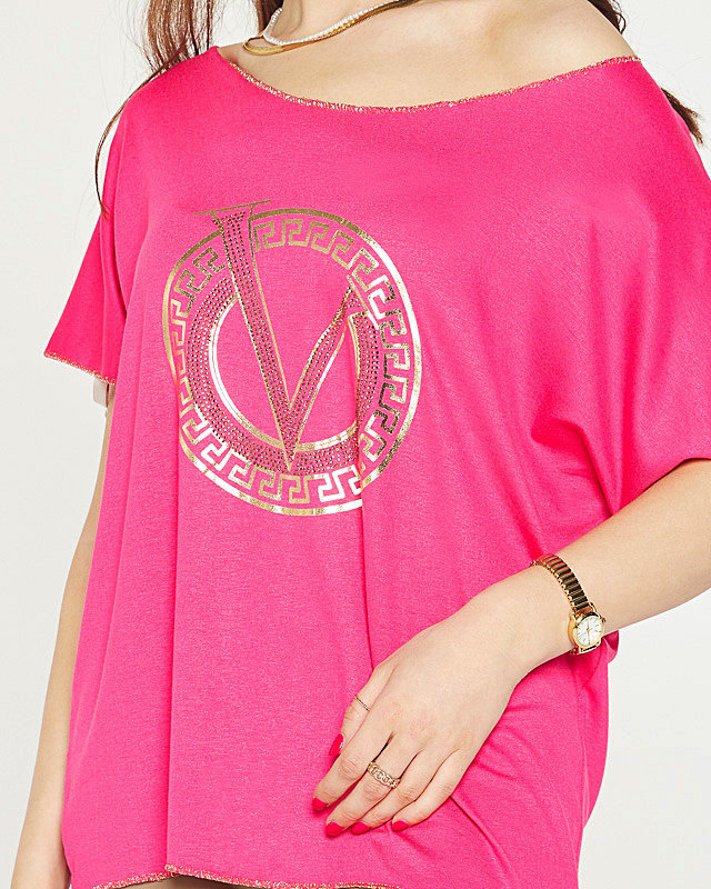 Fuchsia women's blouse with print and cubic zirconia - Clothing