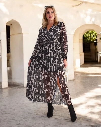 Royalfashion Melnā un bēšā krāsā rakstaina sieviešu maxi kleita