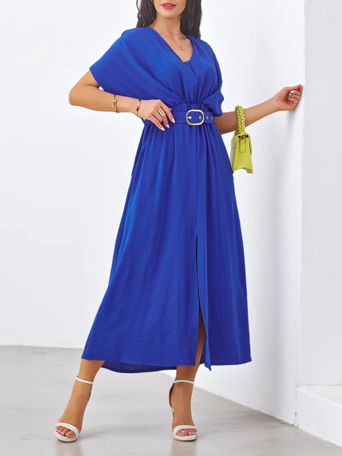 Royalfashion Women's midi dress with short sleeves, V-neck and slit in the middle