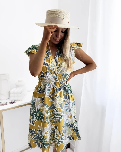 Mustard women's mini dress with floral print - Clothing