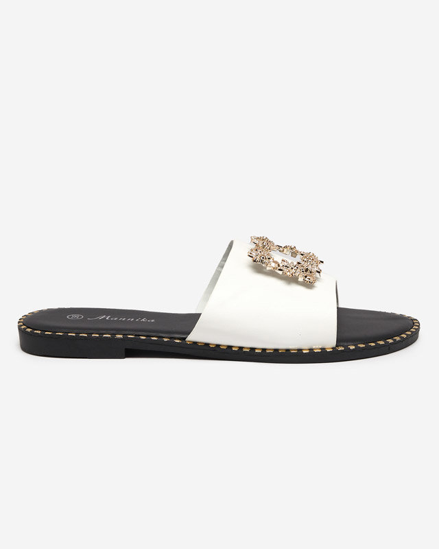 Baltas elegantas sieviešu čības ar zelta ornamentu Meriso - Apavi