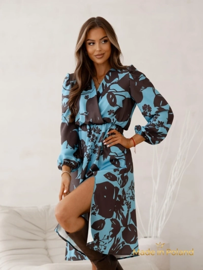 Afrodyta Blu Oceano Dress – blue midi, long sleeves, classic style