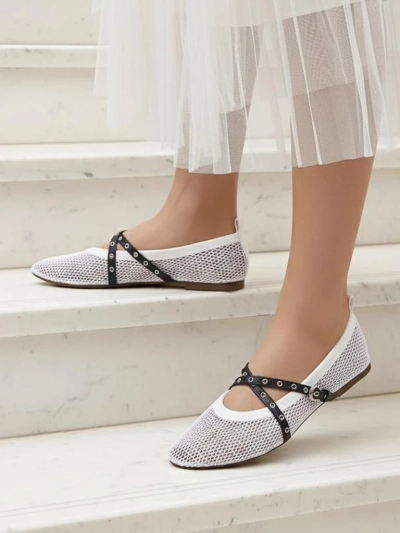 Балетки Royalfashion Calista Bianca – сетчатые белые женские туфли с черными ремешками
