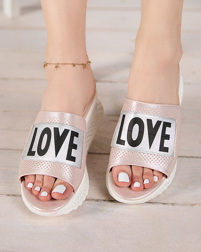 Pink shiny women's slippers with the words Sosha- Footwear