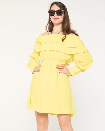 Women's Yellow Short Dress with Ruffles- Clothing