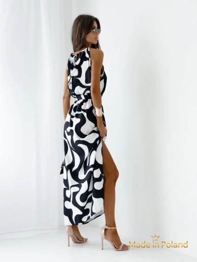 Royalfashion Women's midi dress with straps, with a belt in a geometric pattern