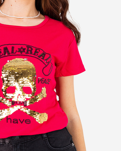 Fuchsia ladies t-shirt with sequins and inscriptions - Clothing