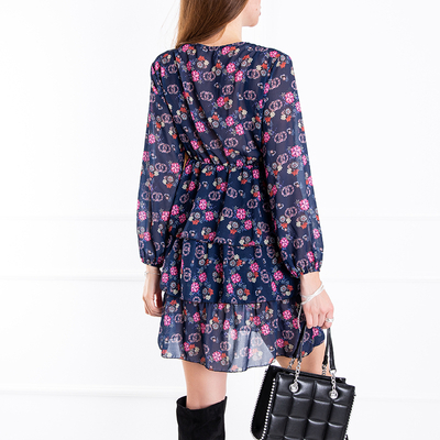 Navy blue women's floral dress - Clothing