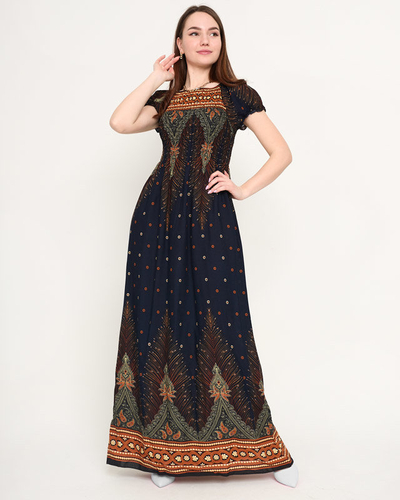 Patterned navy blue women's maxi dress - Clothing