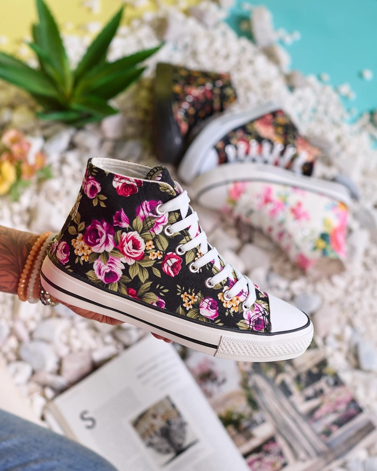 Royalfashion Sieviešu augstās melnās kedas ar ziedu rakstu Soxic