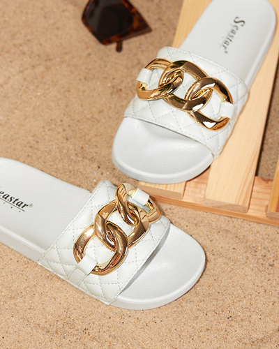 OUTLET Blue women's quilted slippers with a gold chain Eteris - Footwear