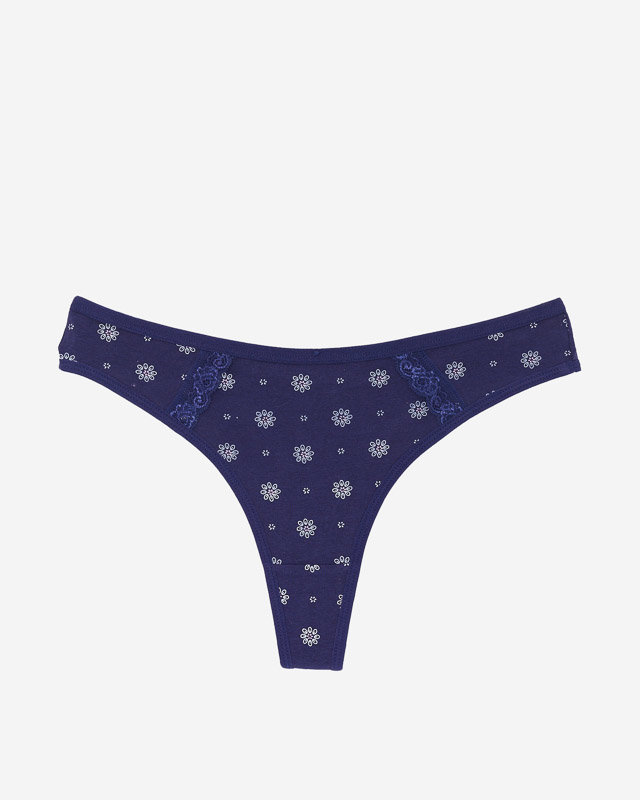 Navy blue women's cotton thongs with flowers - Underwear