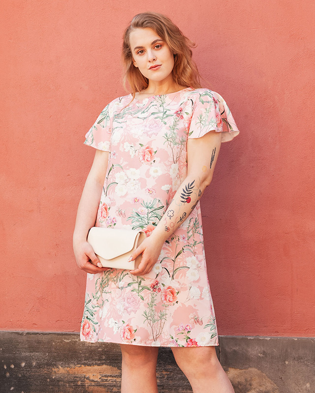 Women's pink floral trapezoidal dress - Clothing