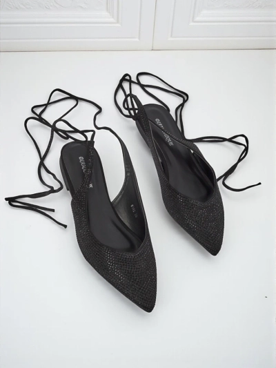 Damiane Nero-sandale - Swart balerinas van stof met veters, plat hak