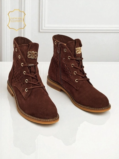 Aurelia Brown Suede Ankle Boots with Fur, Openwork, Elegant, 2.5cm