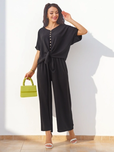 Royalfashion Women's casual set with a short-sleeve blouse and wide pants