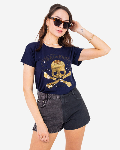 Navy blue women's sequin t-shirt with inscriptions - Clothing