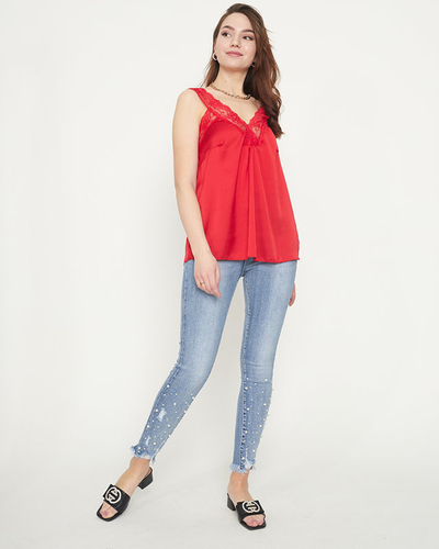Women's red t-shirt with lace straps - Clothing