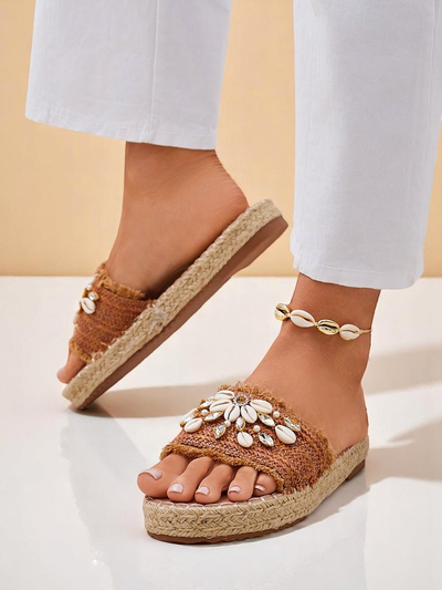 Сандалии Royalfashion Callista Boho Camel на плоской платформе с ракушками