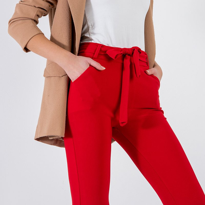 Women's red fabric pants with a tie belt - Clothing