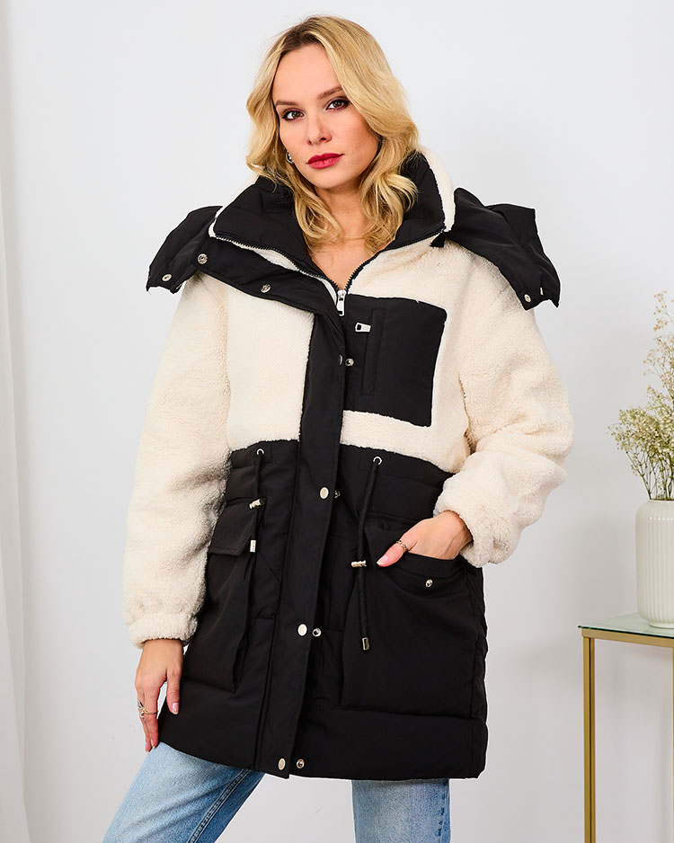 Royalfashion Melna sieviešu ziemas jaka ar aitādas apdari