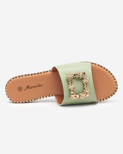 OUTLET Green elegant women's slippers with golden ornament Meriso - Footwear