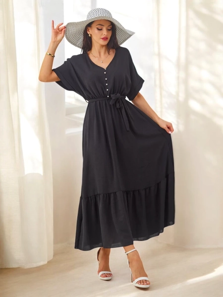 Royalfashion Sieviešu midi kleita ar īsām piedurknēm un dekoratīviem pogām