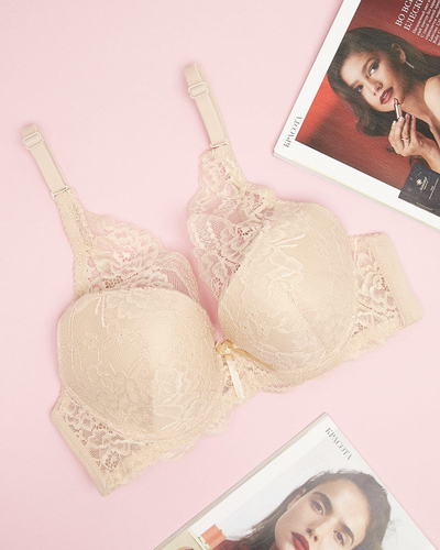 Women's push-up bra with beige lace - Underwear