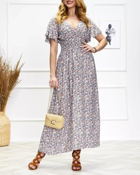 Sieviešu puķaina midi kleita zilā un oranžā krāsā - Apģērbi