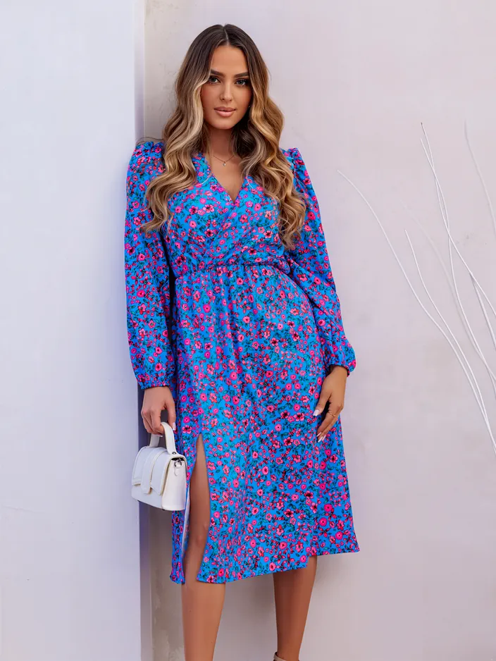 Женское миди-платье Royalfashion с мелкими цветами, запахом и разрезом