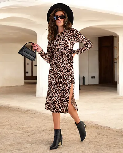 Royalfashion Sieviešu midi kleita ar leoparda apdruku