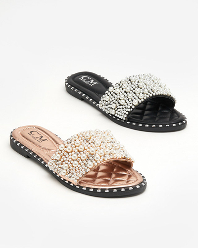 OUTLET Women's slippers with pearls in rose gold color Loppo - Footwear