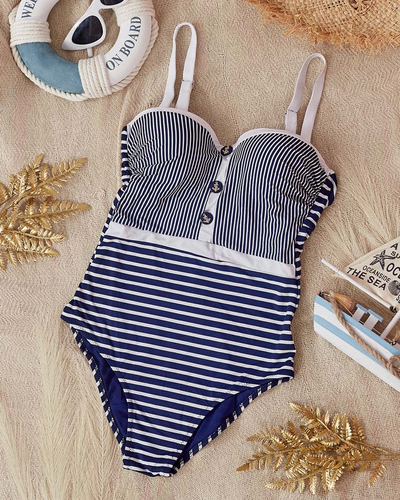 Women's navy blue striped one-piece swimsuit - Underwear
