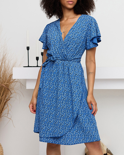 Темно-синее женское расклешенное платье в цветочек - Одежда