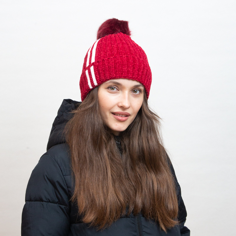 Maroon insulated beanie with white stripes and pompom - Accessories