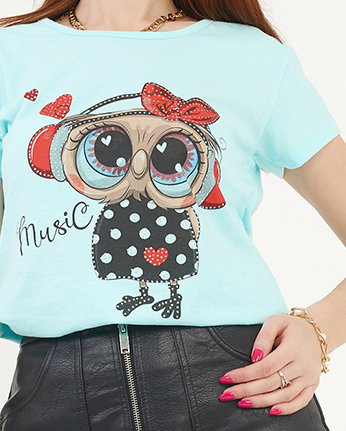 Women's mint t-shirt with an owl print - Clothing