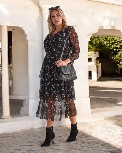 Royalfashion Black mesh midi dress with print