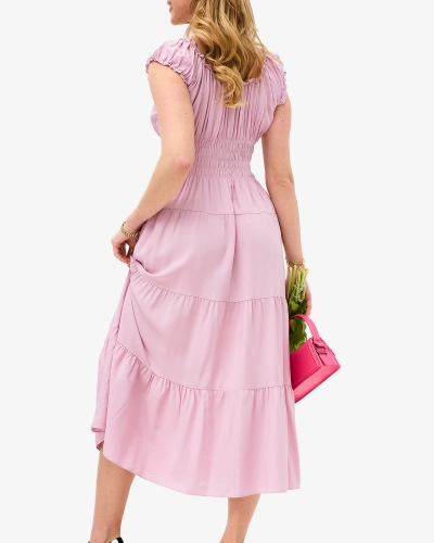 Purple long strapless women's dress with decorative buttons- Clothing