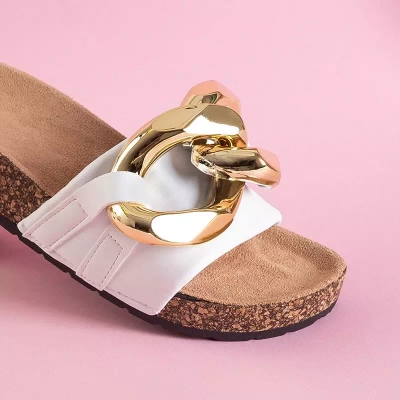 OUTLET Women's white slippers with golden decoration Deirdre - Footwear