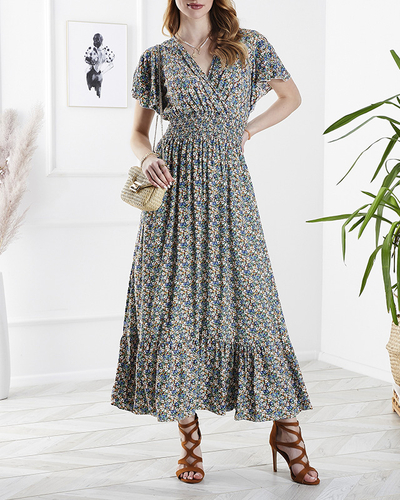 Sieviešu midi kleita zaļā krāsā ar ziedu rakstu - Apģērbs