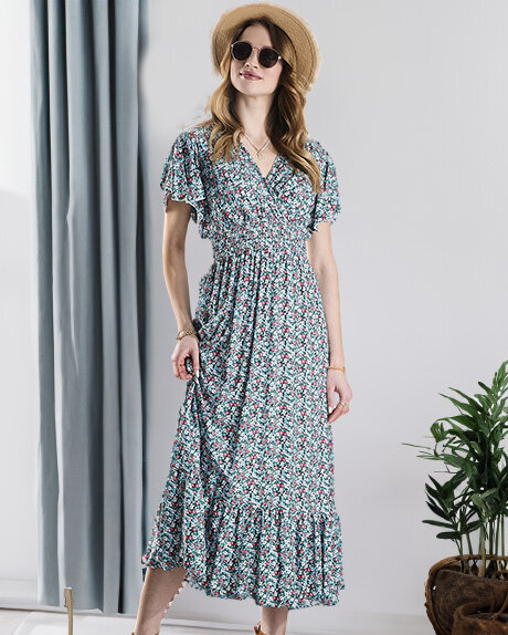 Women's floral midi dress in blue- Clothing